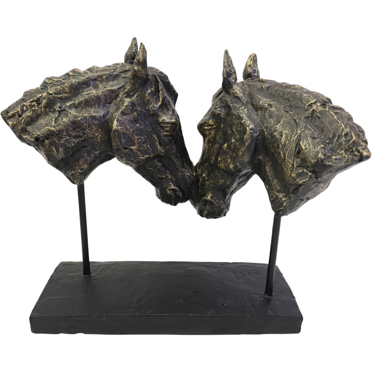 Reverse view of the paired horse head sculpture, showing rough neck surfaces and the low rectangular black base.