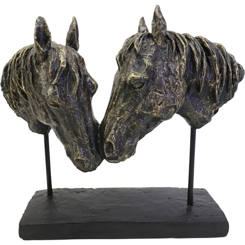Front view of two textured horse heads with touching muzzles, bronze-coloured highlights and slender supports above a black plinth.