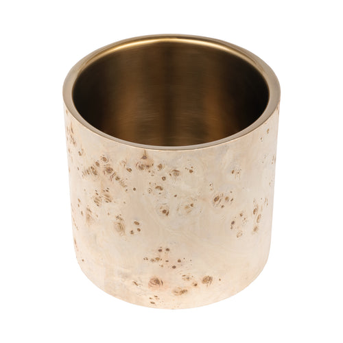 Champagne cooler viewed from above, showing its wide open top, metal liner and patterned burl veneer exterior.