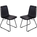 Pair of charcoal leather dining chairs angled towards each other, with central stitching and black tubular frames.