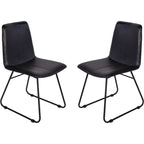 Pair of charcoal leather dining chairs angled towards each other, with central stitching and black tubular frames.