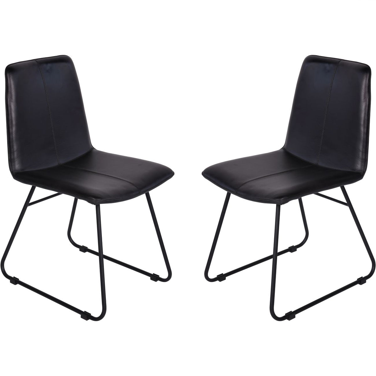 Pair of charcoal leather dining chairs angled towards each other, with central stitching and black tubular frames.