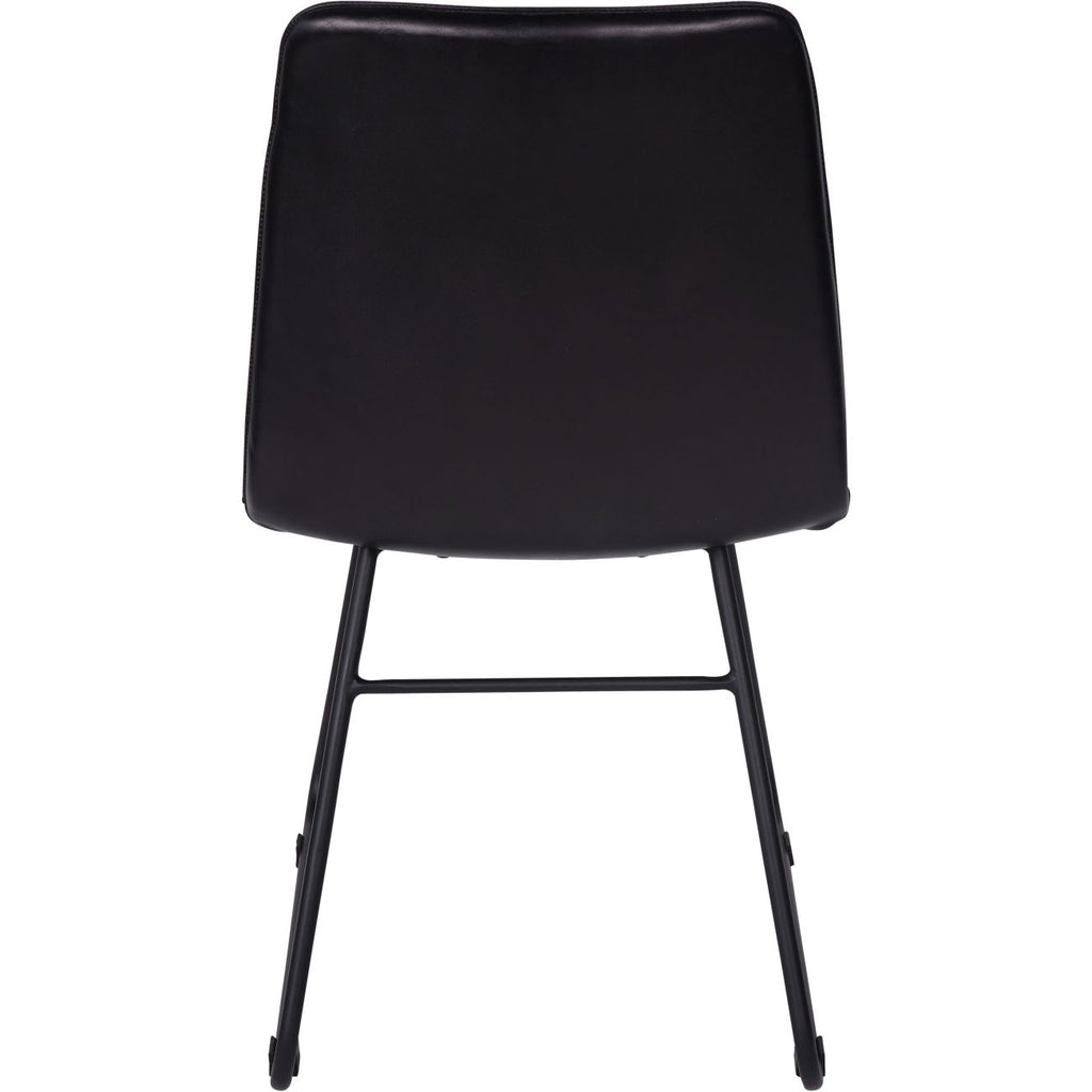 Rear view of the charcoal dining chair with a plain upholstered back and a horizontal bar between the black frame tubes.