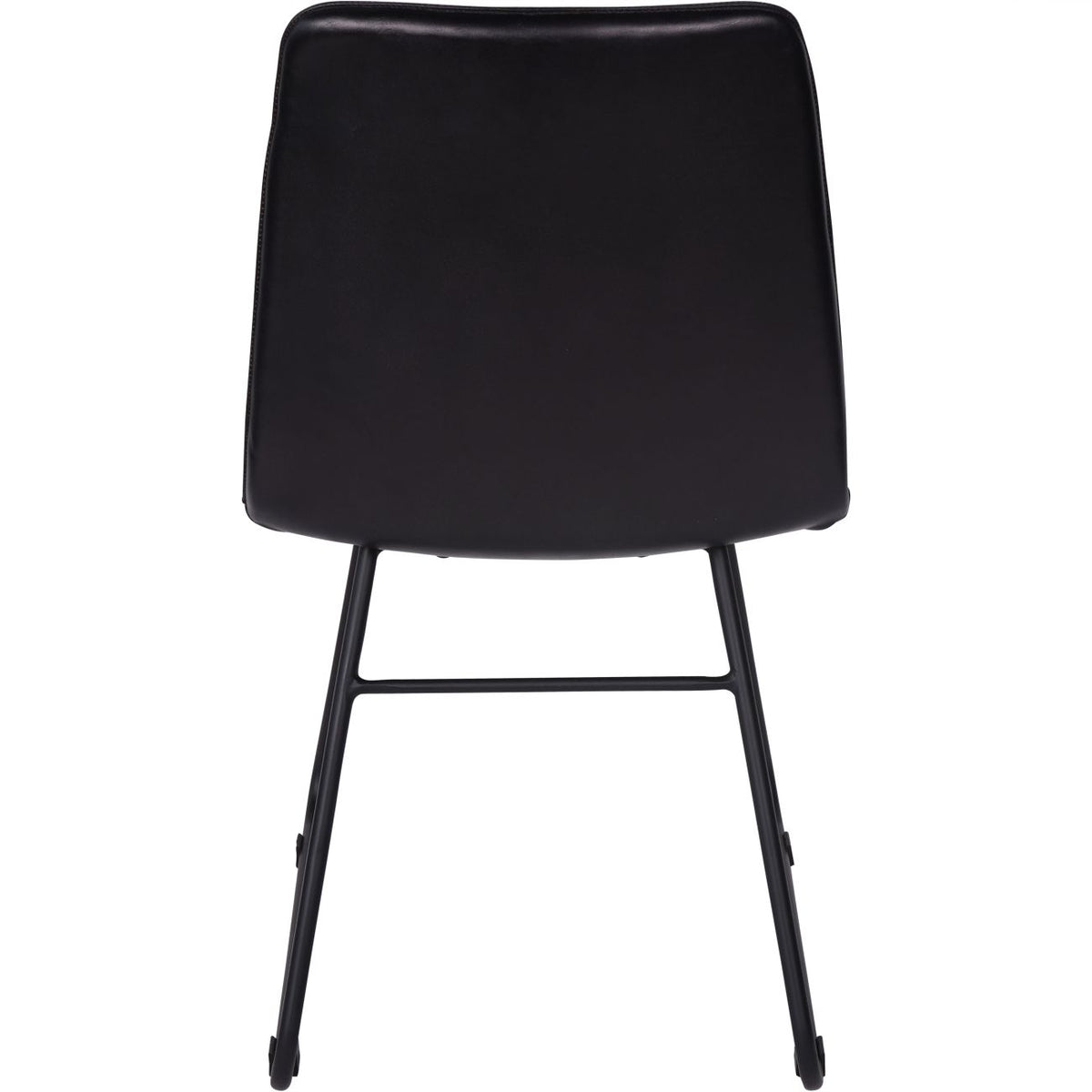Rear view of the charcoal dining chair with a plain upholstered back and a horizontal bar between the black frame tubes.