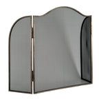 Angled view of the arched fire screen with the left wing open and the right wing turned behind the centre panel, showing the hinges and diamond mesh.