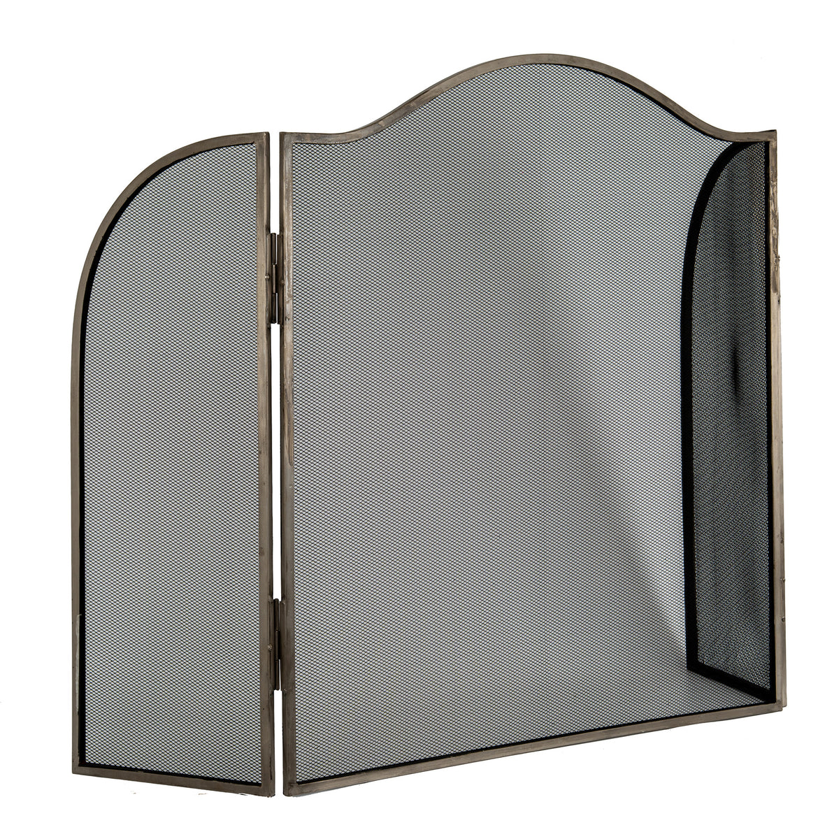 Angled view of the arched fire screen with the left wing open and the right wing turned behind the centre panel, showing the hinges and diamond mesh.