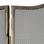 Close-up of the fire screen's antiqued silver-tone border, hinge and black diamond mesh at the join between the centre panel and a side wing.