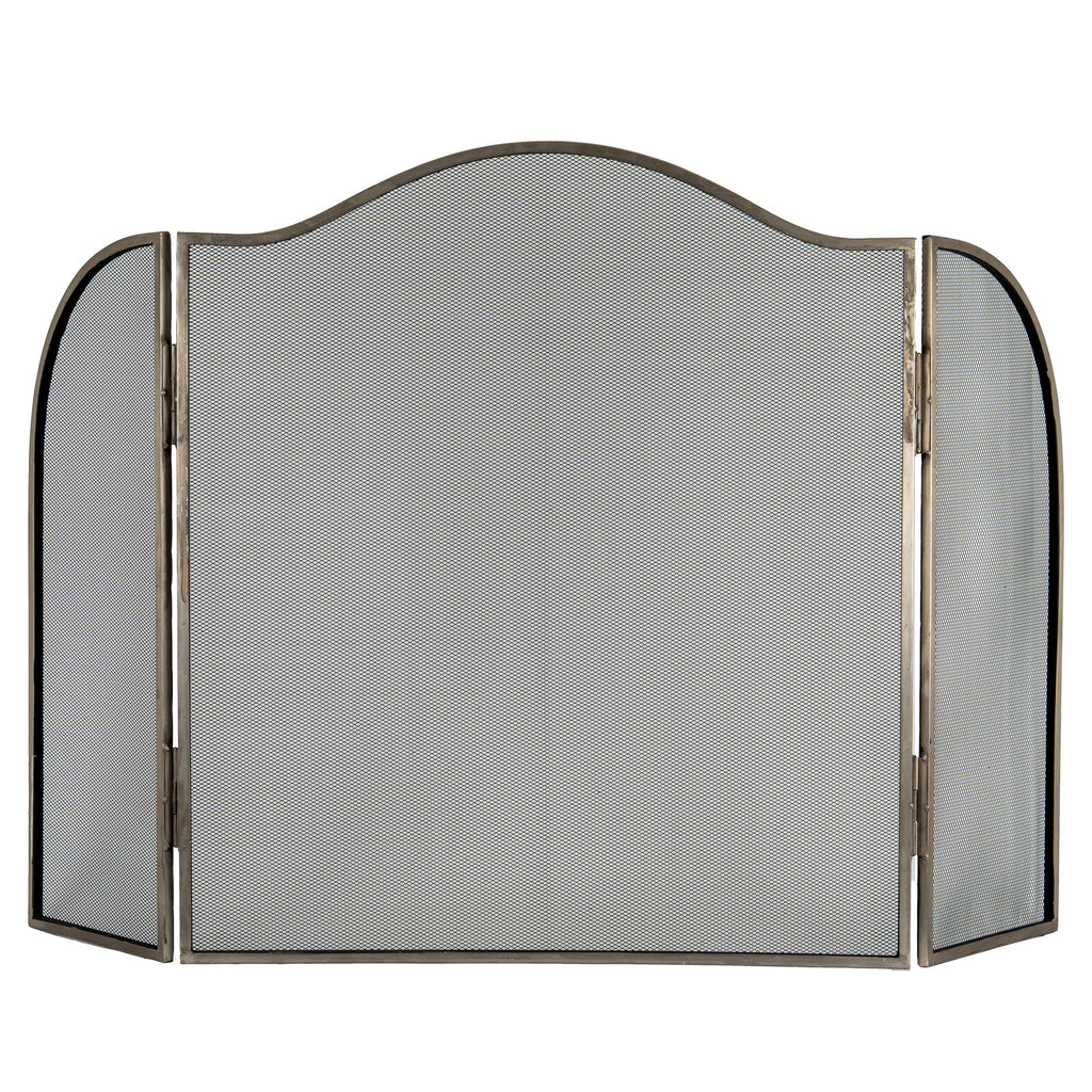 Front view of the three-panel silver-tone fire screen, showing its broad centre arch, rounded side wings and fine black mesh against white.
