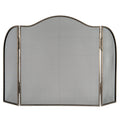 Front view of the three-panel silver-tone fire screen, showing its broad centre arch, rounded side wings and fine black mesh against white.