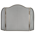 Front view of the three-panel silver-tone fire screen, showing its broad centre arch, rounded side wings and fine black mesh against white.