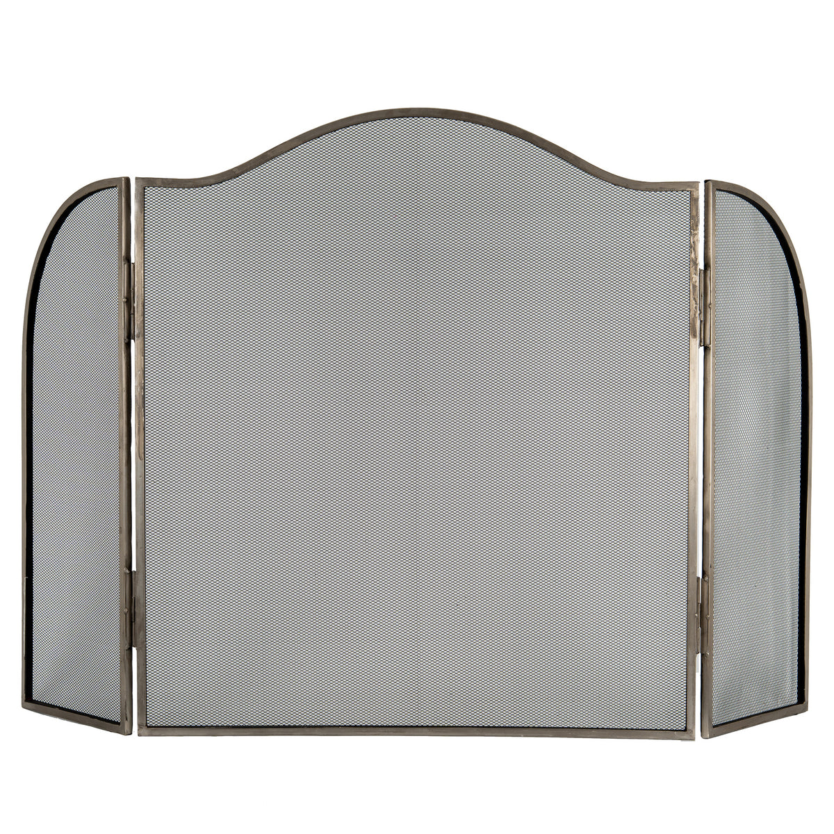 Front view of the three-panel silver-tone fire screen, showing its broad centre arch, rounded side wings and fine black mesh against white.