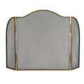 Front view of a three-panel fire screen with a broad central arch, rounded side wings, black diamond mesh and an antiqued brass-tone frame.
