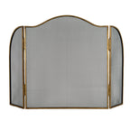 Front view of a three-panel fire screen with a broad central arch, rounded side wings, black diamond mesh and an antiqued brass-tone frame.