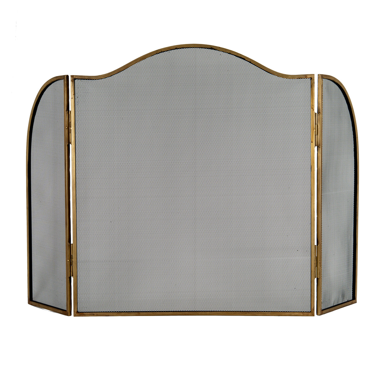 Front view of a three-panel fire screen with a broad central arch, rounded side wings, black diamond mesh and an antiqued brass-tone frame.