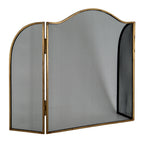 Angled view of the arched fire screen showing the left wing opened beside the centre panel and the right wing turned inward.