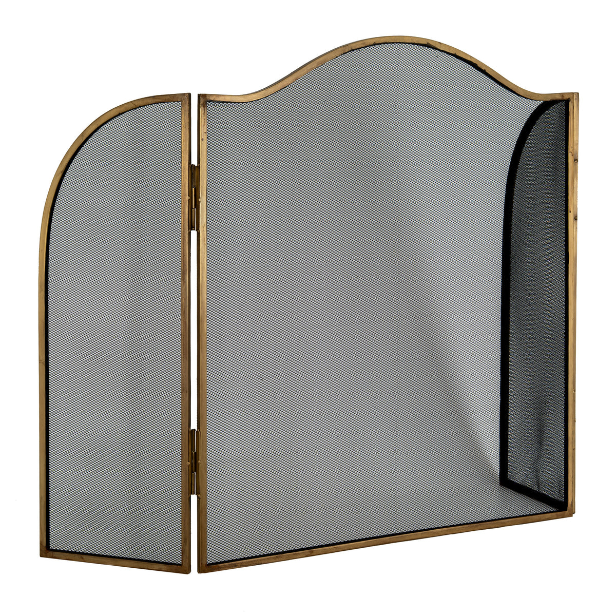 Angled view of the arched fire screen showing the left wing opened beside the centre panel and the right wing turned inward.