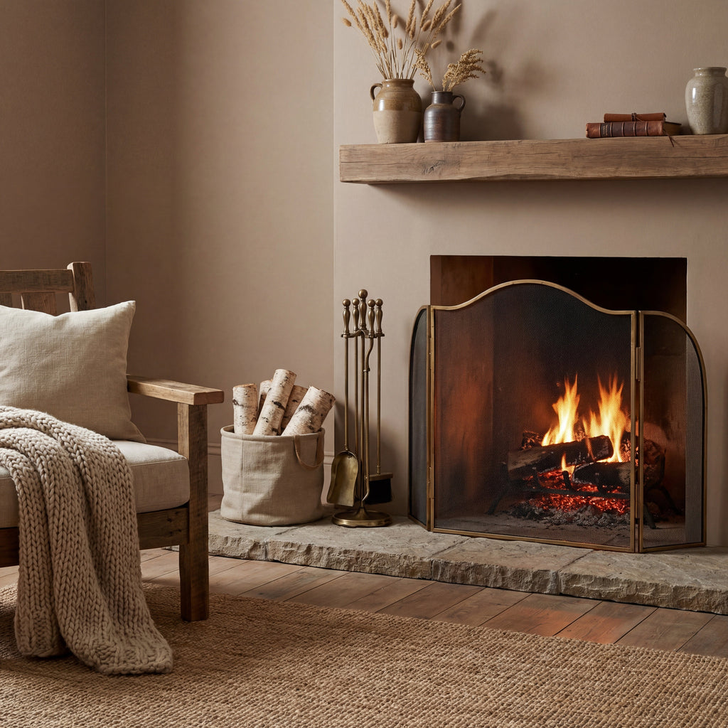 Arched fire screen styled in front of a lit fireplace on a stone hearth, beside fireplace tools and a log bag, with a wooden armchair to the left.