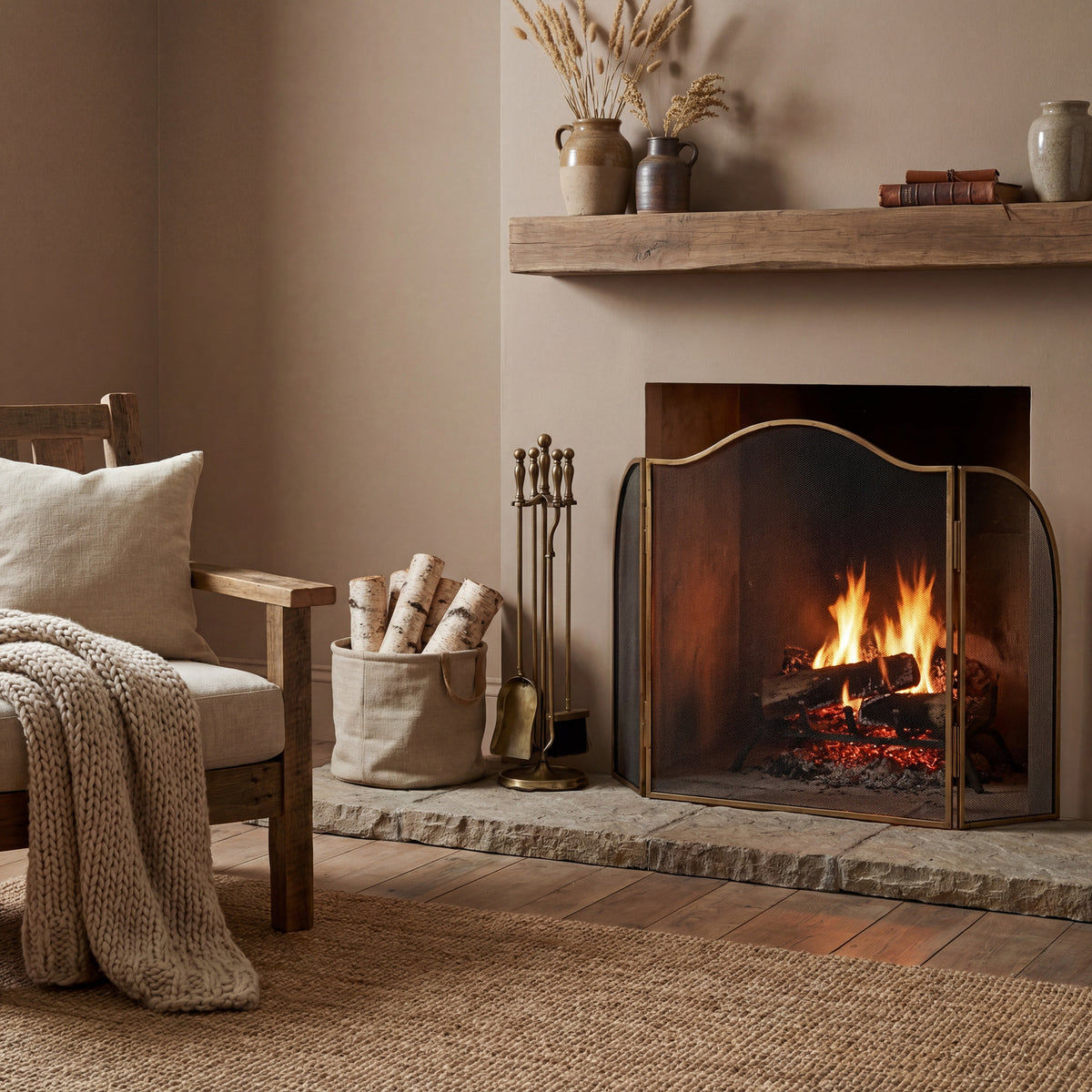 Arched fire screen styled in front of a lit fireplace on a stone hearth, beside fireplace tools and a log bag, with a wooden armchair to the left.