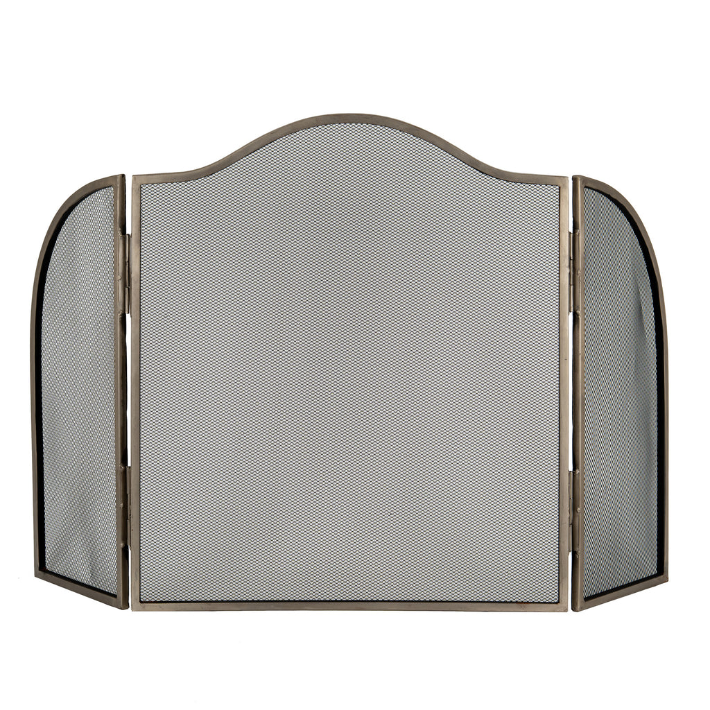 Front view of the silver-tone fire screen with a broad arched centre, rounded side wings and fine black mesh against a white background.