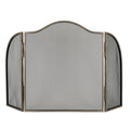 Front view of the silver-tone fire screen with a broad arched centre, rounded side wings and fine black mesh against a white background.