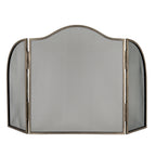 Front view of the silver-tone fire screen with a broad arched centre, rounded side wings and fine black mesh against a white background.