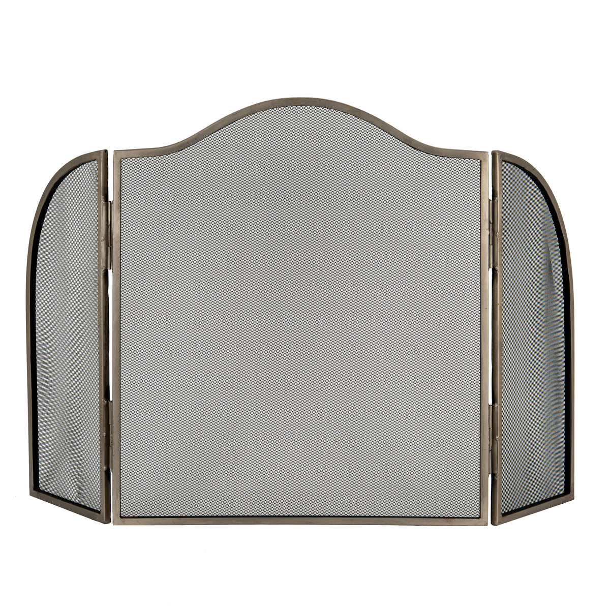 Front view of the silver-tone fire screen with a broad arched centre, rounded side wings and fine black mesh against a white background.