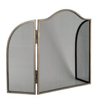 Angled view of the three-panel fire screen showing the left wing extended and the right wing turned inward across the centre panel.