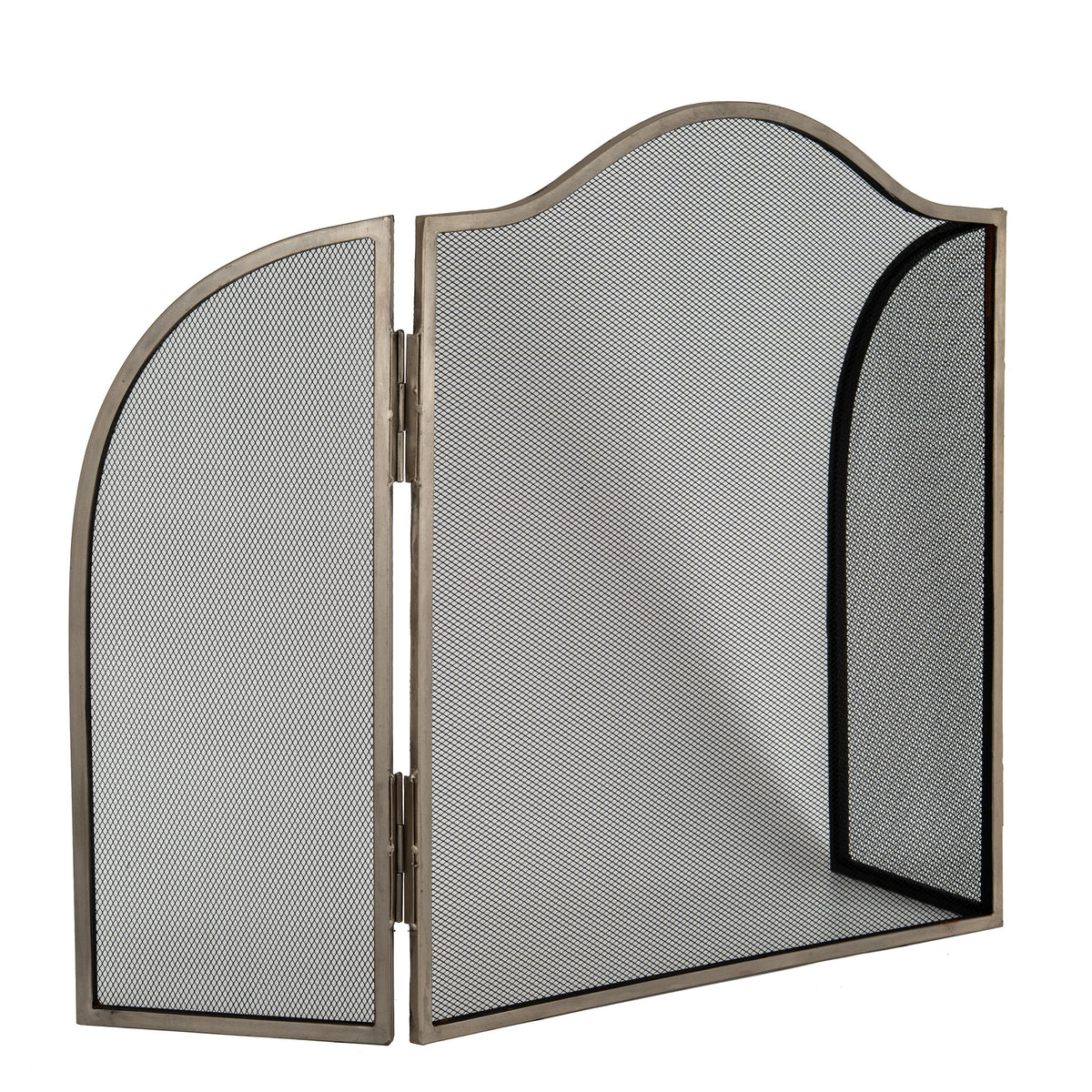 Angled view of the three-panel fire screen showing the left wing extended and the right wing turned inward across the centre panel.