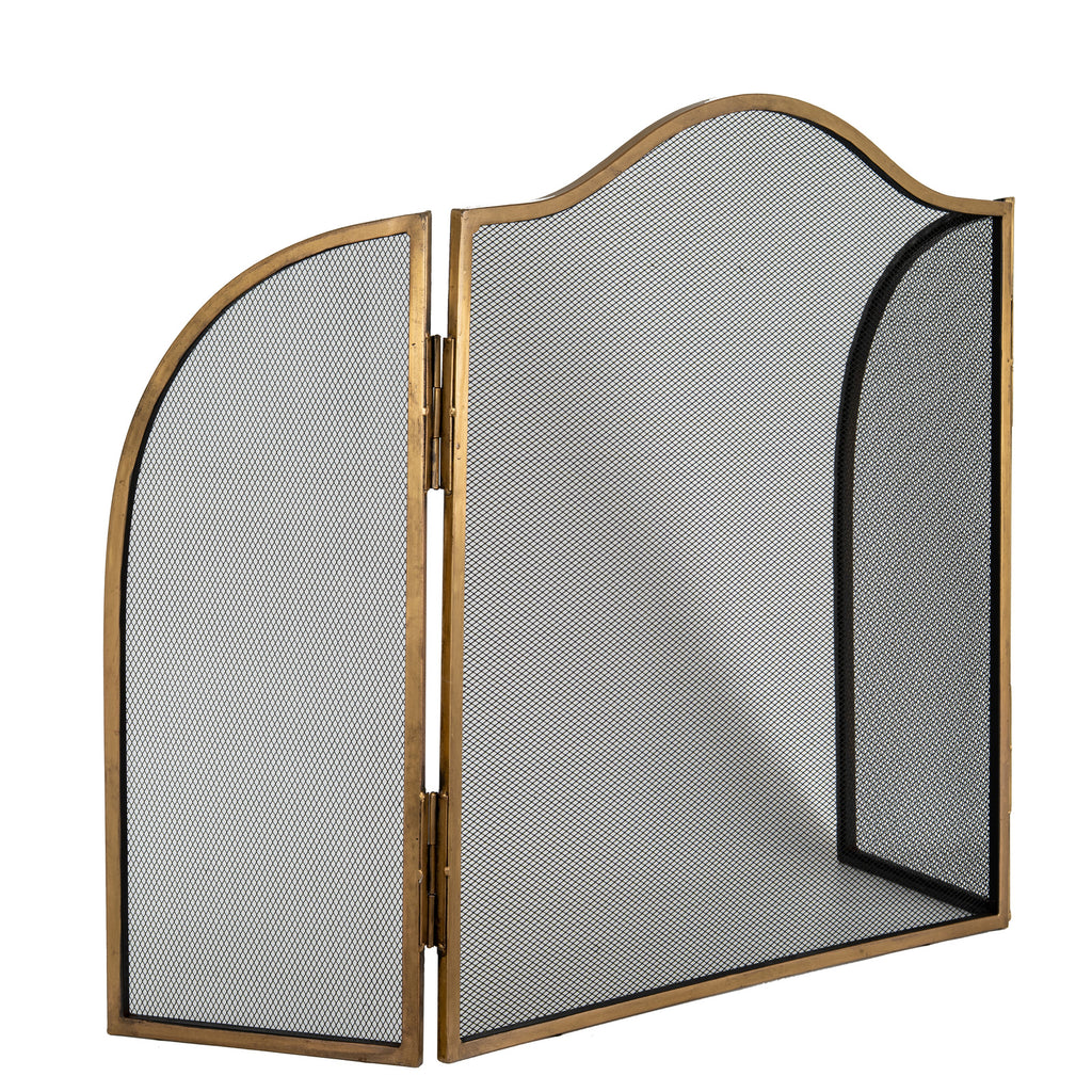 Angled view of the three-panel fire screen with its hinged wings turned forward and the right wing visible through the centre mesh.