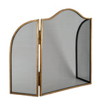 Angled view of the three-panel fire screen with its hinged wings turned forward and the right wing visible through the centre mesh.