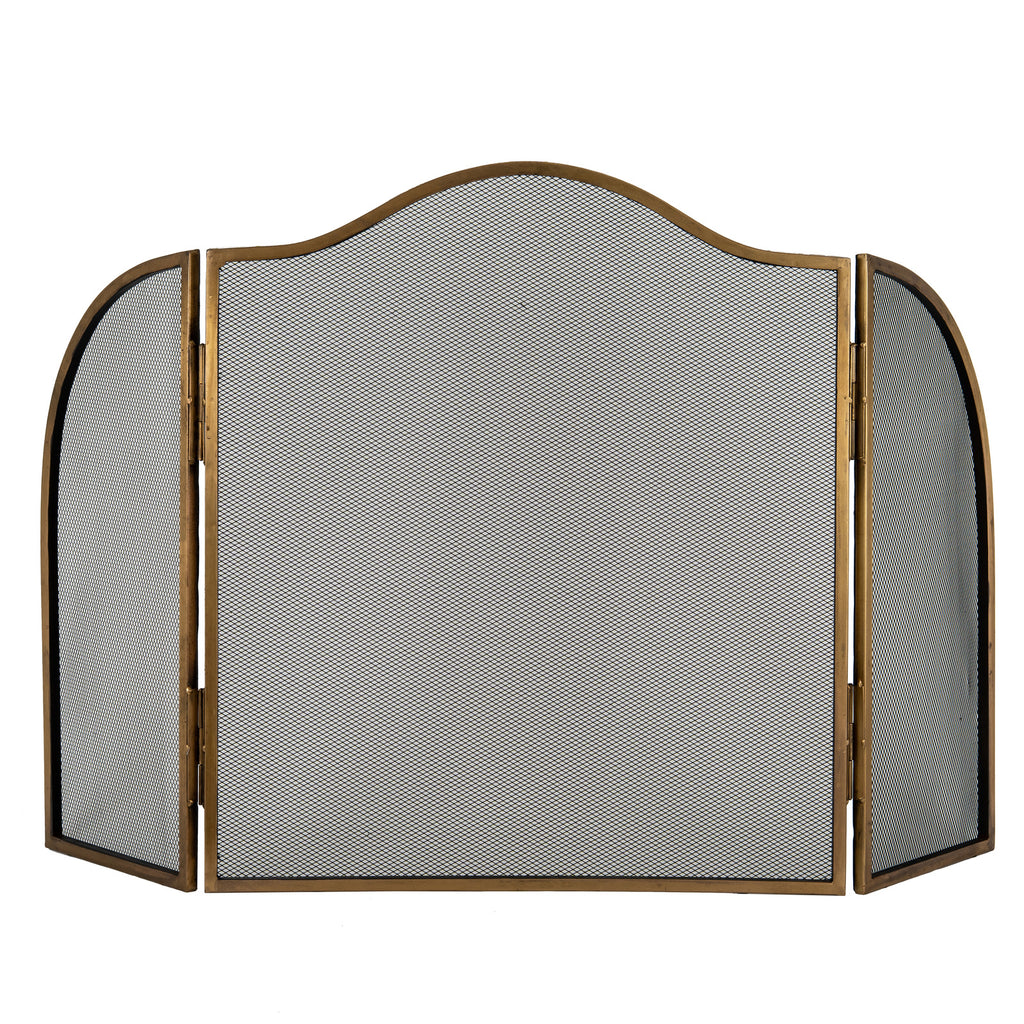 Front view of a fire screen with an arched centre, two rounded side wings, black diamond mesh and antiqued brass-tone framing.