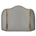 Front view of a fire screen with an arched centre, two rounded side wings, black diamond mesh and antiqued brass-tone framing.
