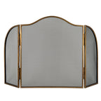 Front view of a fire screen with an arched centre, two rounded side wings, black diamond mesh and antiqued brass-tone framing.
