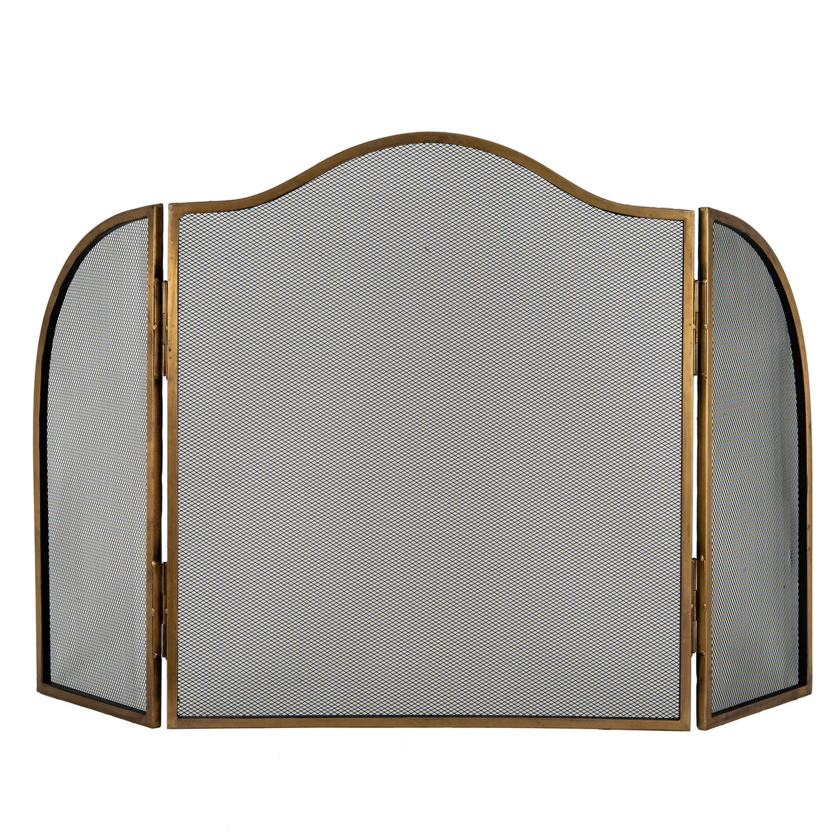 Front view of a fire screen with an arched centre, two rounded side wings, black diamond mesh and antiqued brass-tone framing.