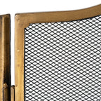 Close-up of the antiqued brass-tone frame beside a hinge, showing its varied surface colour and the black expanded diamond mesh.