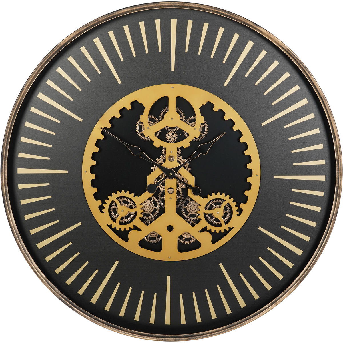 Front view of the round black wall clock with gold-coloured stroke markers, central cogs and shaped black hands.