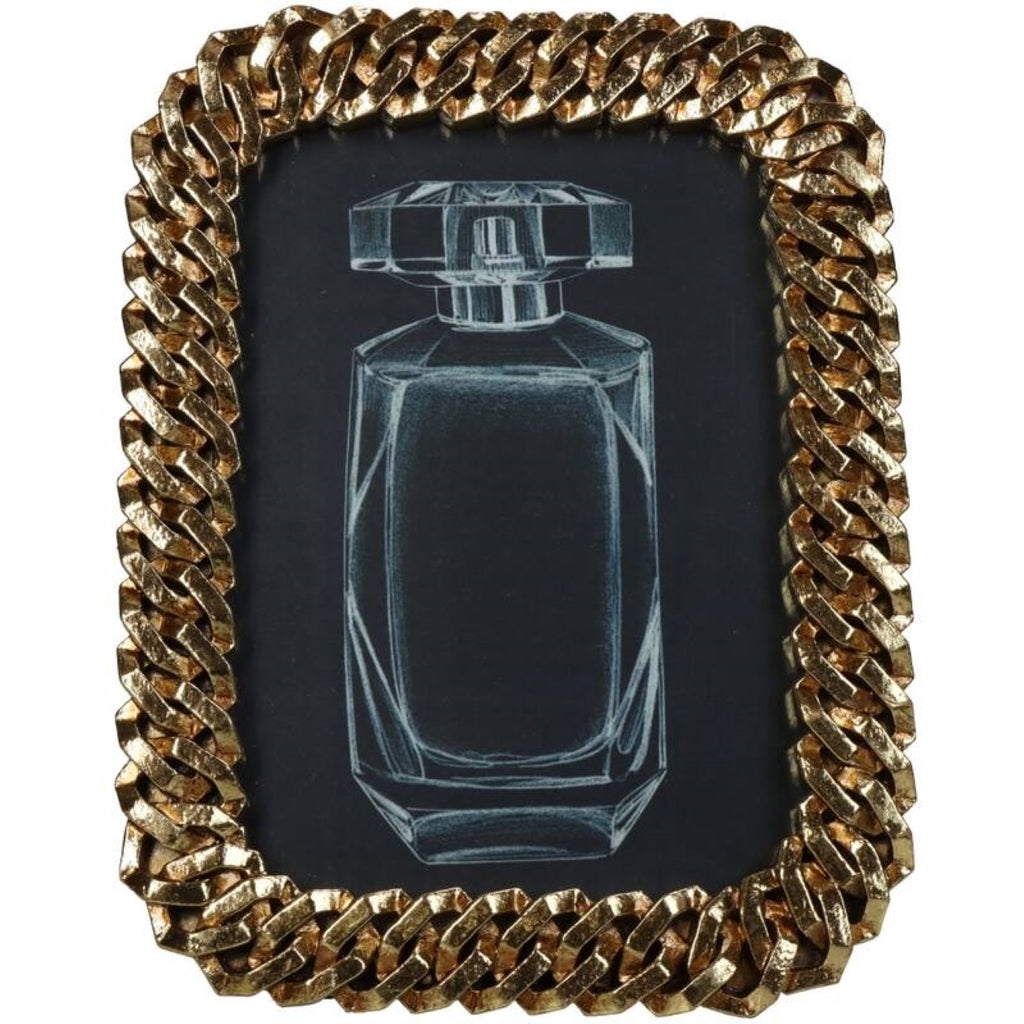 Front view of a gold chain-link photo frame with a white perfume-bottle drawing on a black insert.