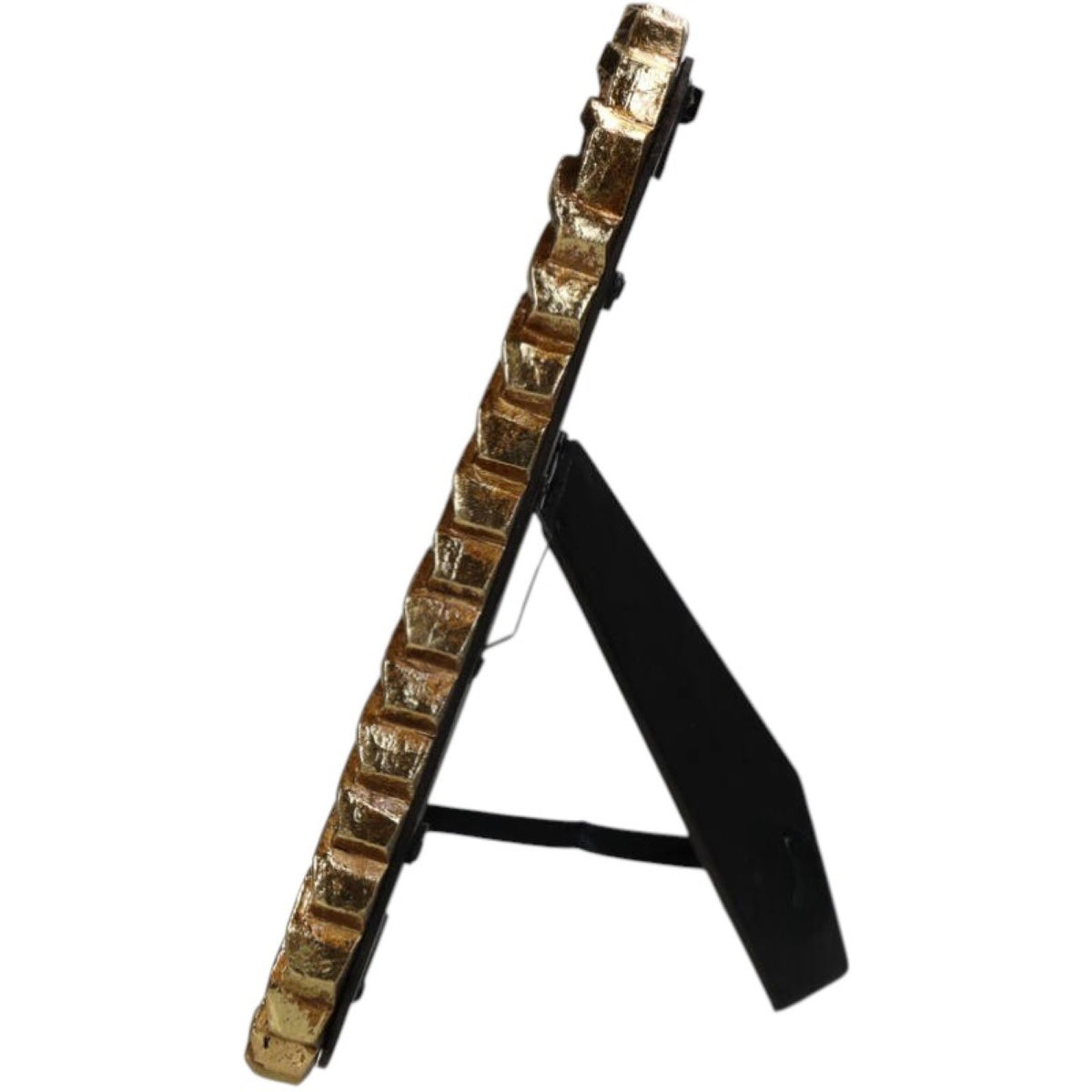 Side view of the gold photo frame showing the depth of its border and extended black support stand.