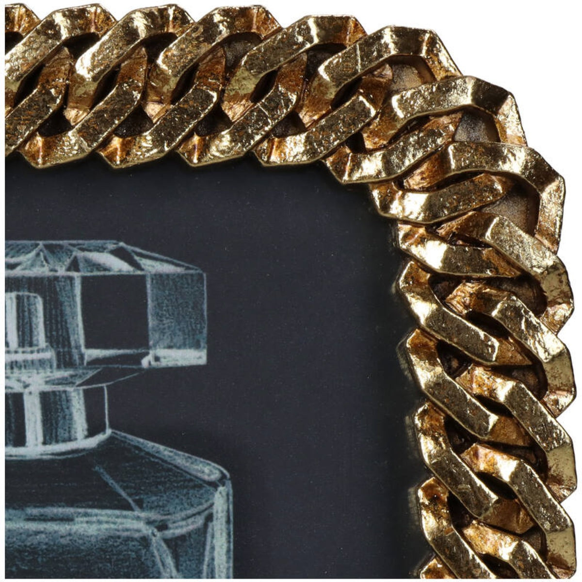 Close-up of the photo frame's upper corner showing textured gold chain links and dark recesses.