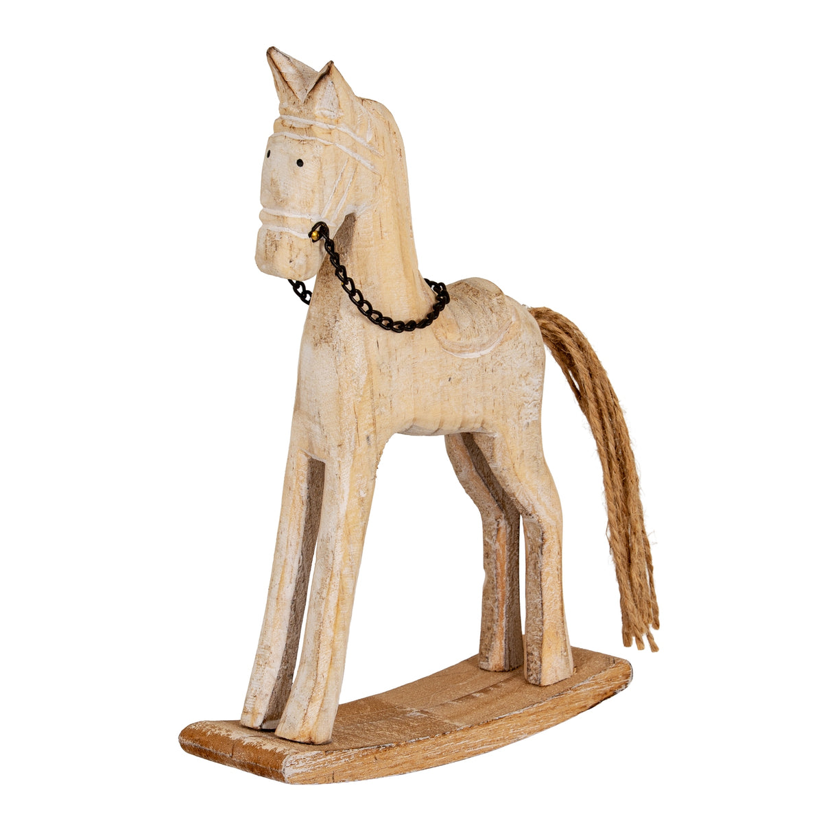 Three-quarter view of a pale rocking-horse ornament with a dark chain bridle, twine tail and curved brown base.
