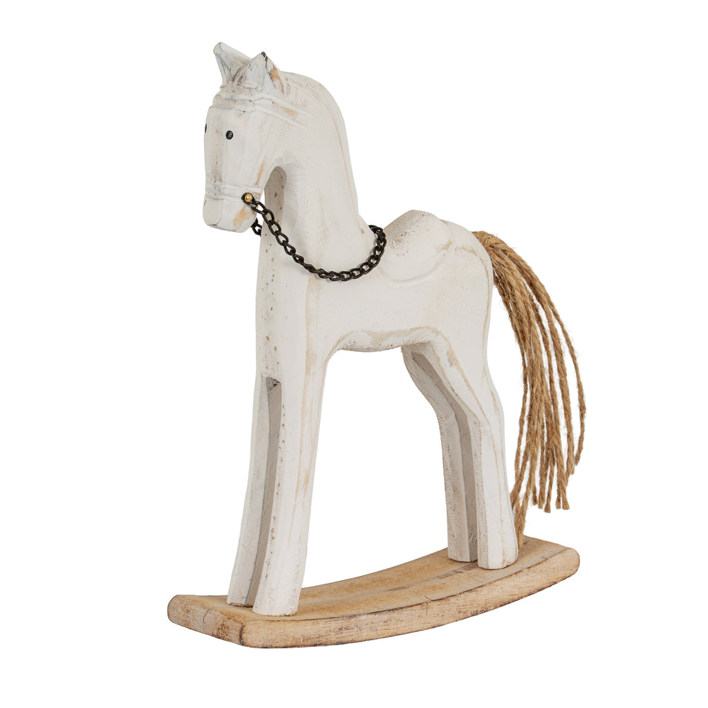 Three-quarter view of a whitewashed rocking-horse ornament with a dark chain bridle, brown twine tail and curved pale brown base.