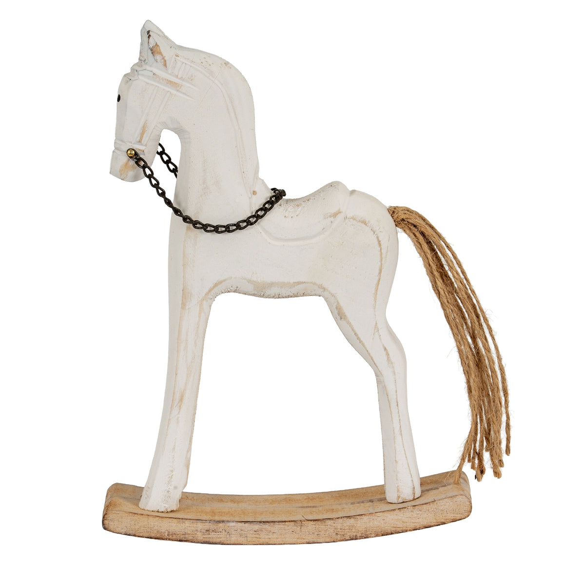 Side view of the rocking-horse decoration showing its long legs, distressed white finish and twine tail falling towards the curved base.