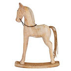 Side view of the rocking horse decoration showing its outlined saddle, upright neck and white accents along the curved base.