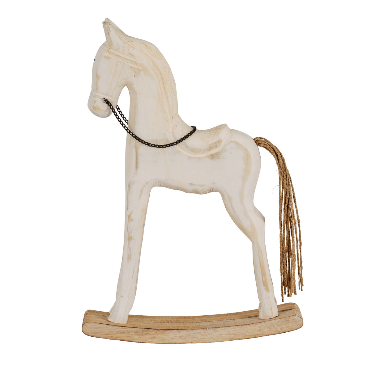 Side view of the whitewashed horse facing left, showing its slender legs, long twine tail and curved rocker base.