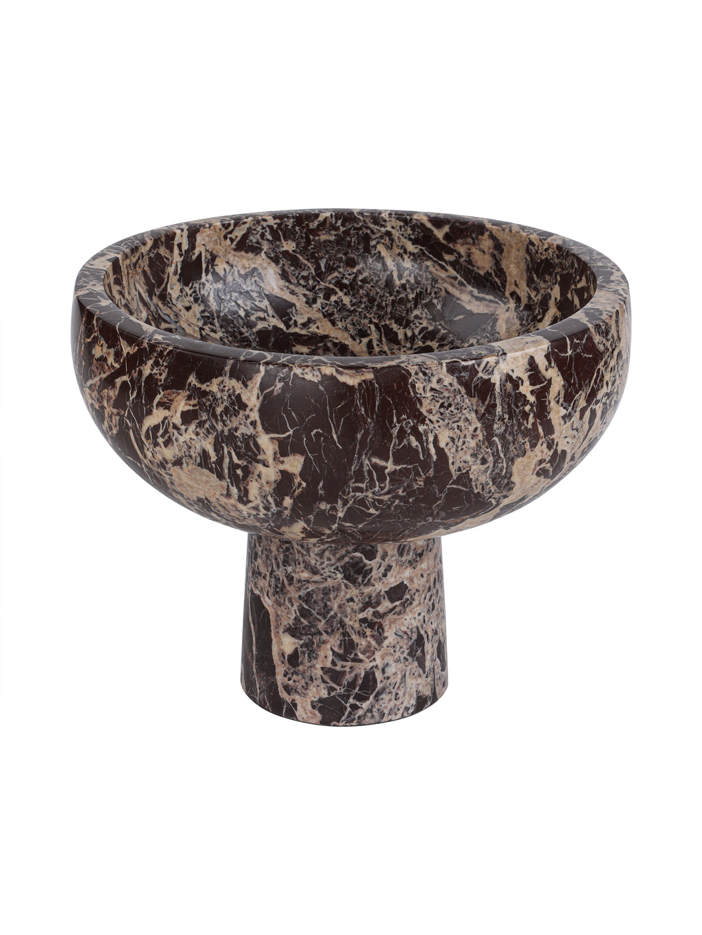 Angled view of a dark red marble footed bowl, showing its curved interior, cream veining and cylindrical pedestal.