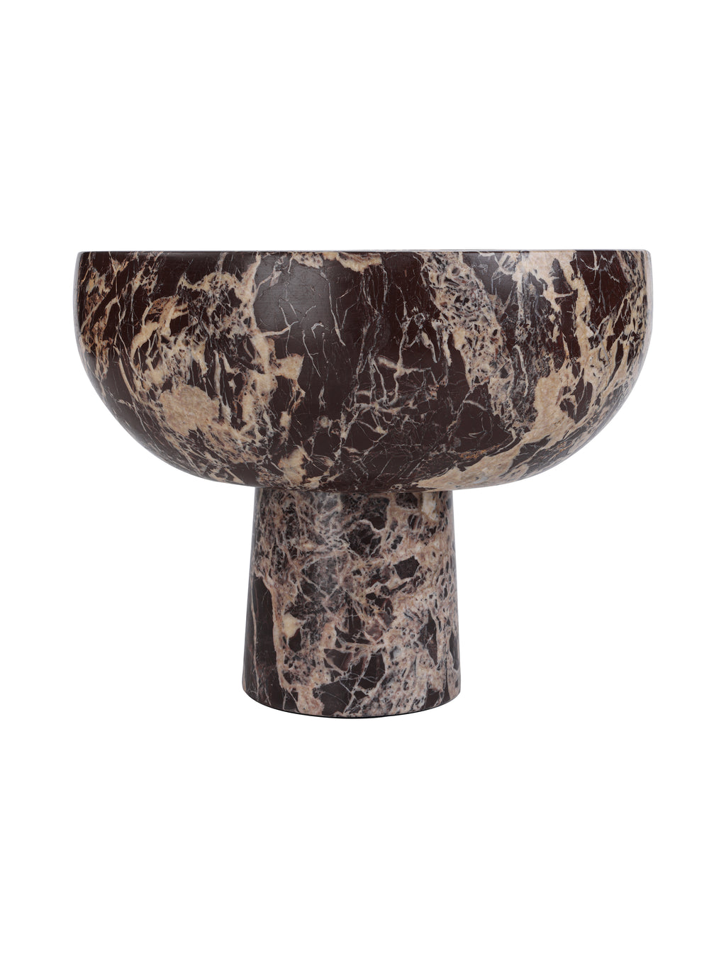 Side view of the marble bowl with a broad rounded cup above a cylindrical base against a white background.