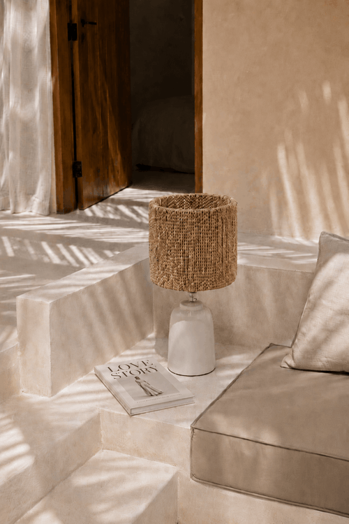 Chalki Seagrass Table Lamp Shade – Natural – styled on a bedside table