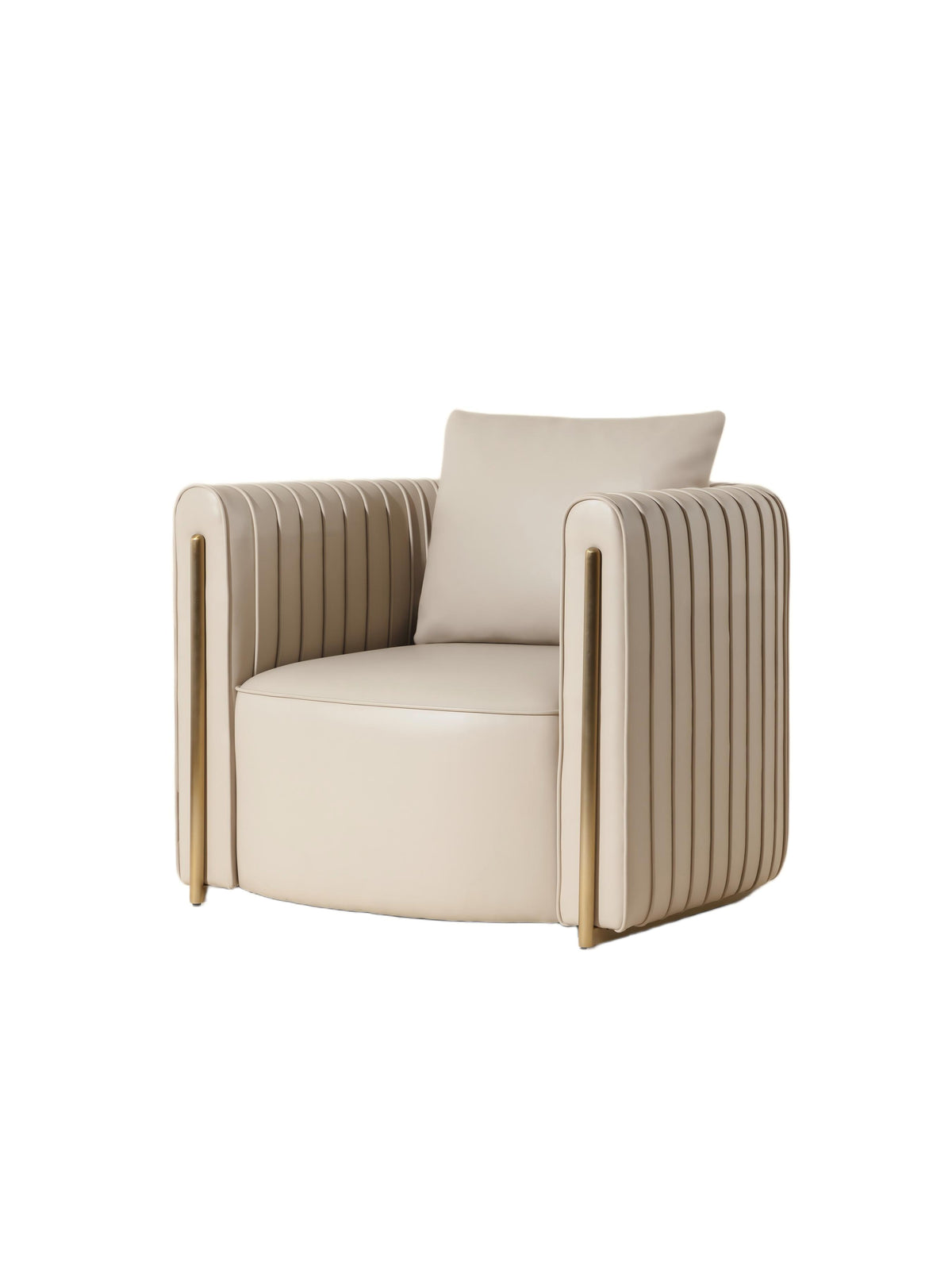 Three-quarter front view of a beige lounge chair with rounded channelled arms, a smooth seat and back cushion, and slim gold-coloured uprights at the front, against a white background.