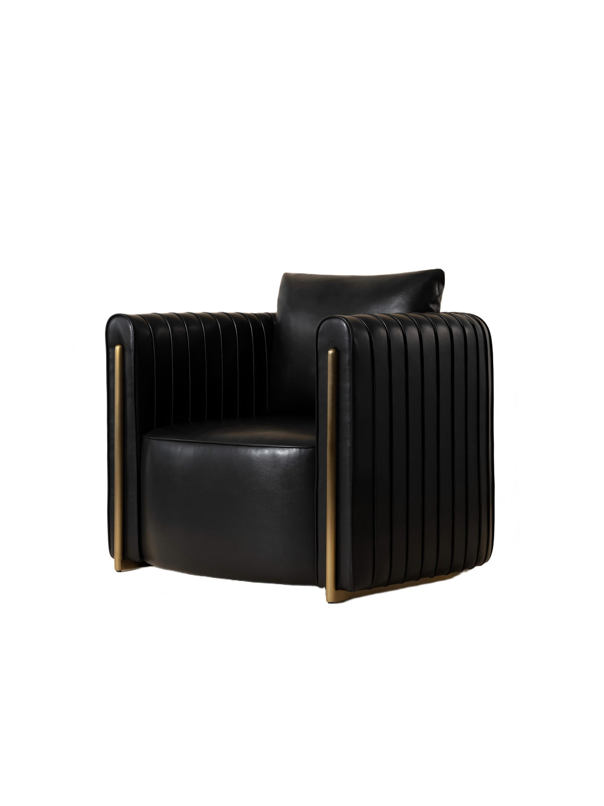 Three-quarter front view of a black lounge chair with rounded channelled arms, a plain back cushion and gold-finished uprights and base, on a white background.