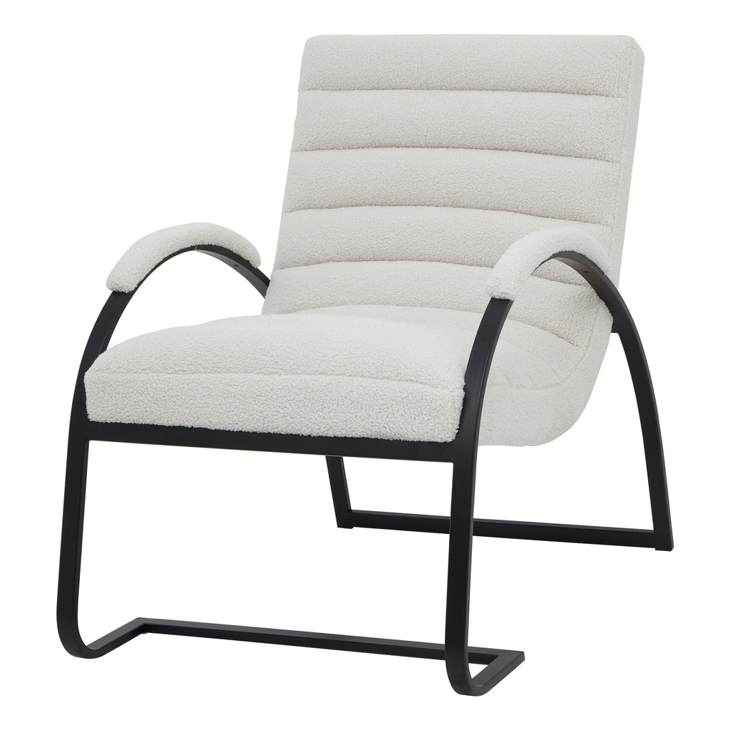 Front three-quarter view of a pale accent chair with horizontal upholstered channels, capped curved arms and a black runner frame.
